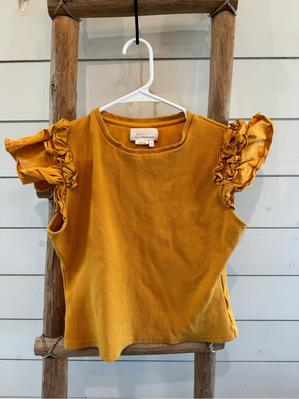 Anthropologie Mustard Ruffle Sleeve Womens Top - Cotton Knit